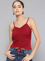 Veni Vidi Vici Maroon Rouched Sleeveless Crop Top