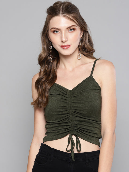 Veni Vidi Vici Olive Rouched Sleeveless Crop Top