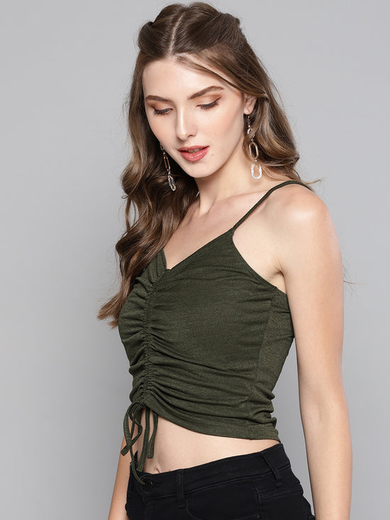 Veni Vidi Vici Olive Rouched Sleeveless Crop Top