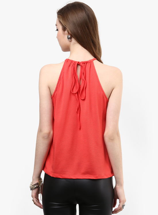 Coral Metal Bar Textured Halter Top