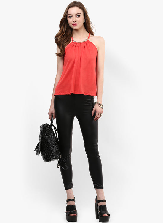 Coral Metal Bar Textured Halter Top