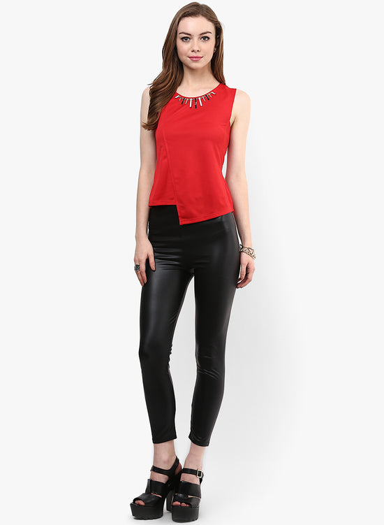 Red Embellished Textured Origami Top