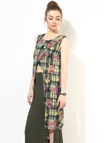 Green Check Floral Print Long Top With Lapel