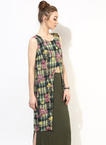 Green Check Floral Print Long Top With Lapel