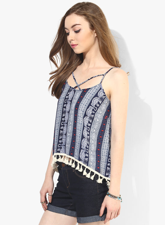 Elephant Boho Print Boho Swing Top With Lace Hem