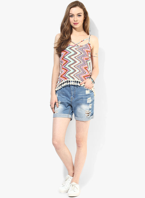 Pixellated Chevron Print Boho Swing Top With Lace Hem