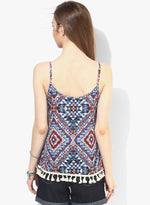 Blue And Red Spray Print Boho Swing Top With Lace Hem