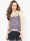 Blue And Red Spray Print Boho Swing Top With Lace Hem