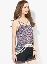 Blue And Red Spray Print Boho Swing Top With Lace Hem