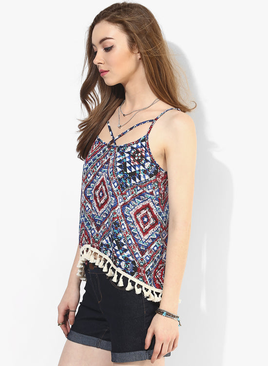 Blue And Red Spray Print Boho Swing Top With Lace Hem