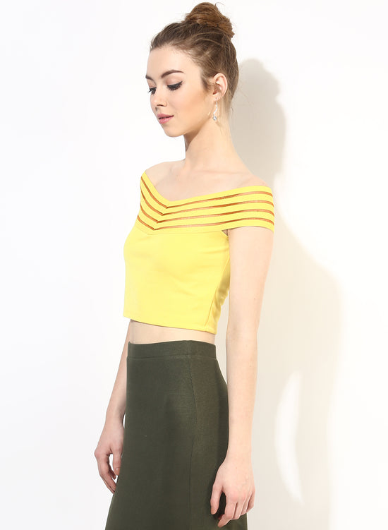 Yellow Tape Detail Bardot Crop Top