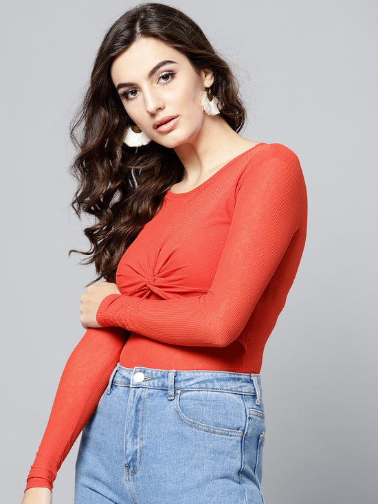 Rust Front Knot Full Sleeve Bodycon Top