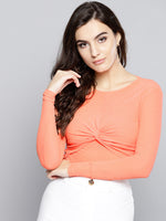 Peach Front Knot Full Sleeve Bodycon Top