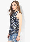 Navy Blue Animal Print Pussy Bow Top