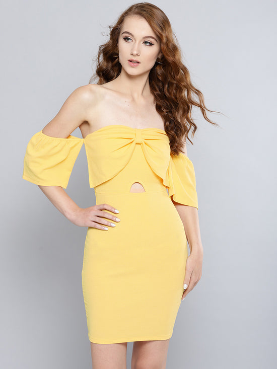 Yellow Cutout Bodycon Bow Bardot Dress