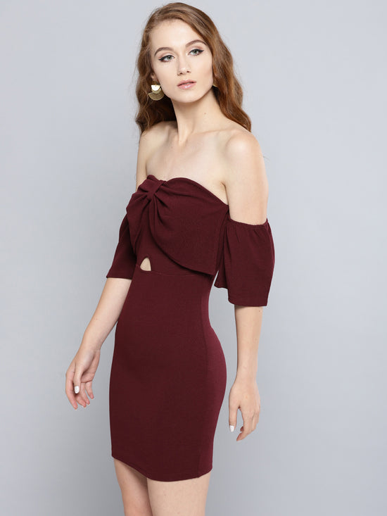 Maroon Cutout Bodycon Bow Bardot Dress