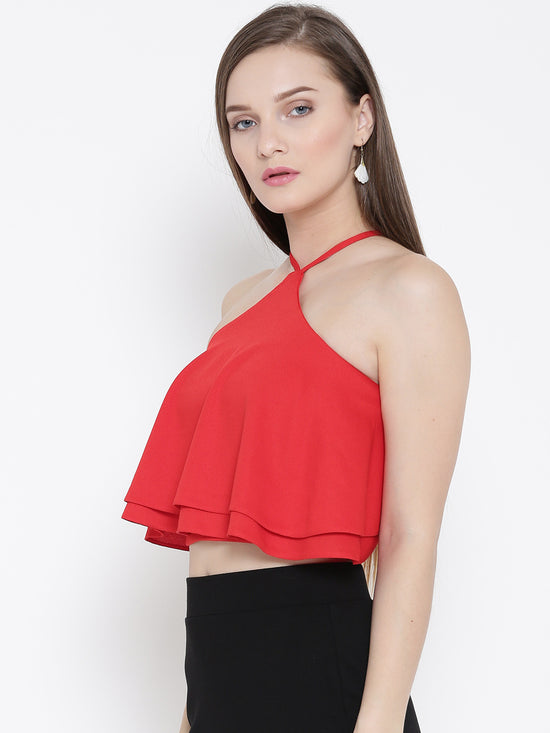 Red Halter Frilled Top