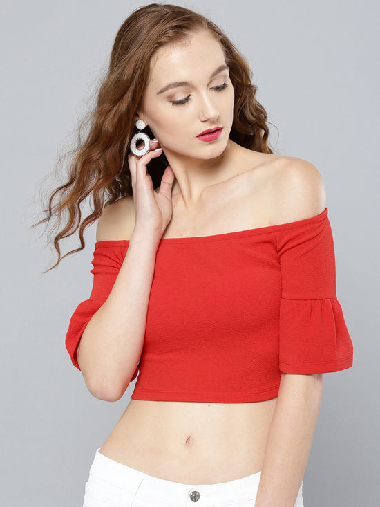 Red Frilled Sleeve Bardot Crop Top