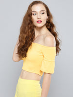 Yellow Sleeve Frilled Sleeve Bardot Crop Top