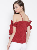 Red Floral Bow Tie Cold Shoulder Top