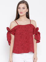 Red Floral Bow Tie Cold Shoulder Top