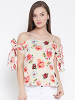 Peach Floral Bow Tie Cold Shoulder Top