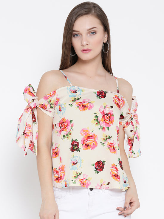 Peach Floral Bow Tie Cold Shoulder Top