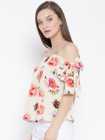 Peach Floral Bow Tie Cold Shoulder Top