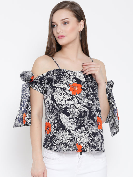 Navy Blue And Orange Tropical Bow Tie Cold Shoulder Top