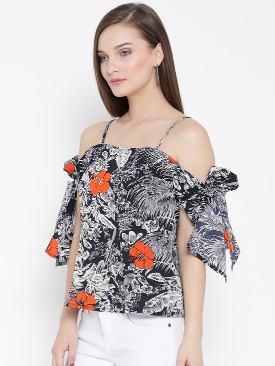 Navy Blue And Orange Tropical Bow Tie Cold Shoulder Top