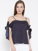 Blue And Red Striped Bow Tie Cold Shoulder Top