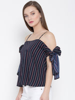 Blue And Red Striped Bow Tie Cold Shoulder Top