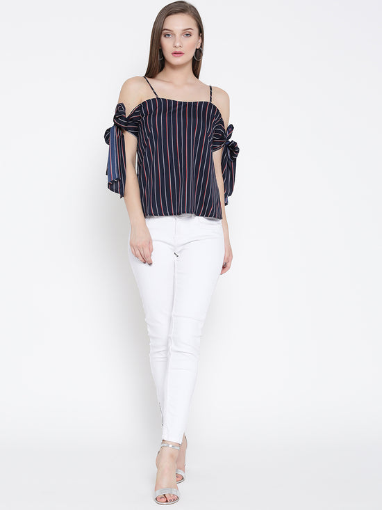 Blue And Red Striped Bow Tie Cold Shoulder Top