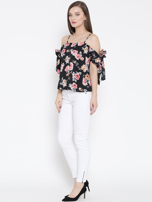 Black Floral Bow Tie Cold Shoulder Top