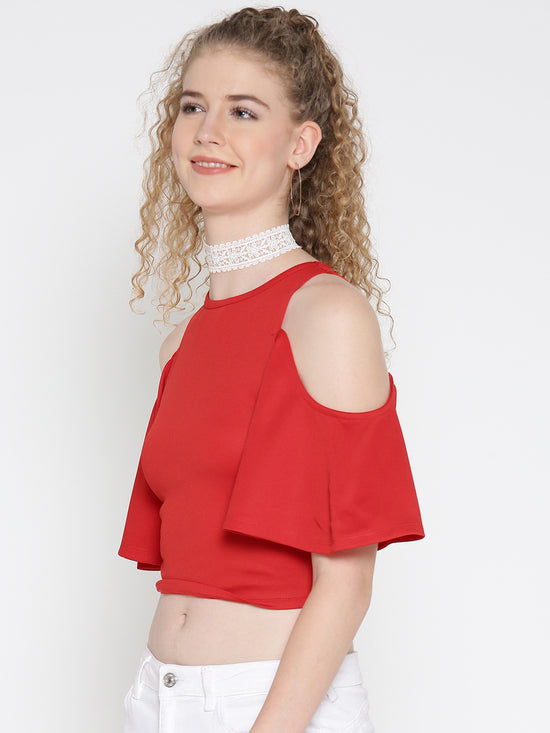 Red Flutter Sleeve Cold Shoulder Top