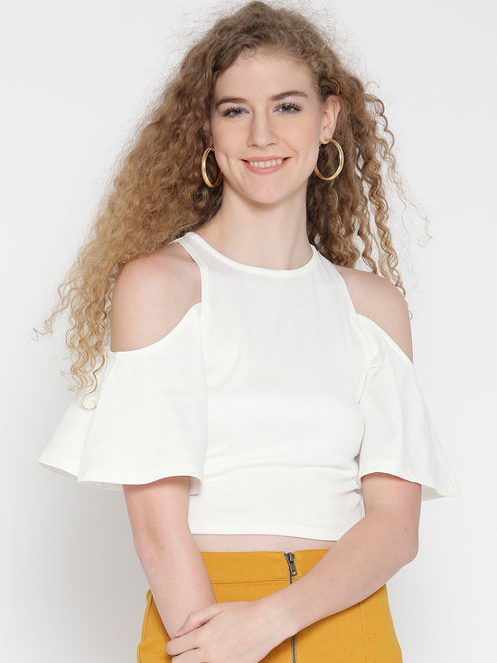 White Flutter Sleeve Cold Shoulder Top