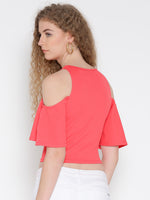 Coral Pink Flutter Sleeve Cold Shoulder Top