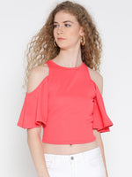 Coral Pink Flutter Sleeve Cold Shoulder Top