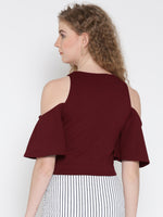 Maroon Flutter Sleeve Cold Shoulder Top