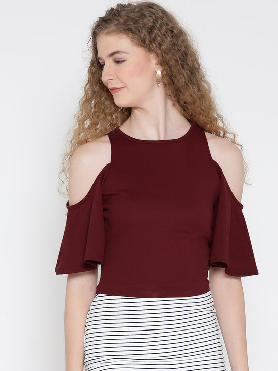 Maroon Flutter Sleeve Cold Shoulder Top