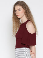 Maroon Flutter Sleeve Cold Shoulder Top