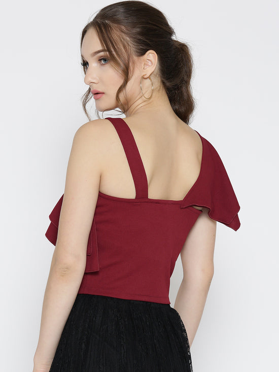 Maroon One Shoulder Frilled Top