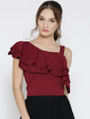 Maroon One Shoulder Frilled Top