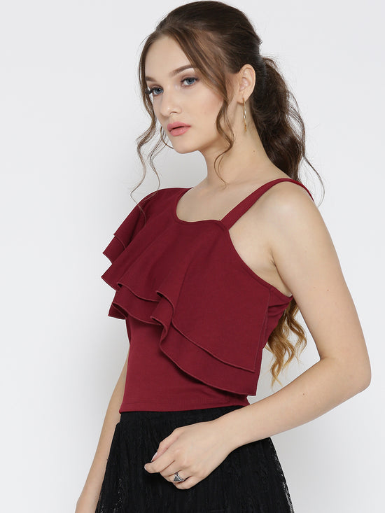 Maroon One Shoulder Frilled Top