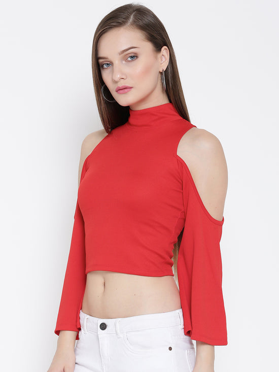 Red High Neck Cold Shoulder Bell Sleeve Top