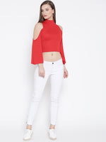 Red High Neck Cold Shoulder Bell Sleeve Top