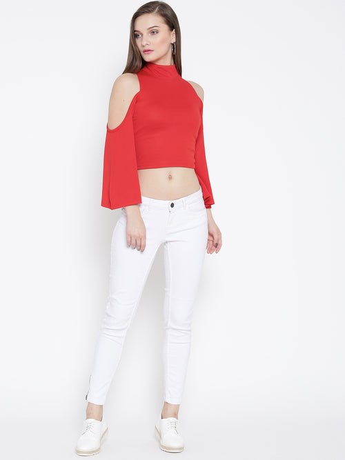 Red High Neck Cold Shoulder Bell Sleeve Top