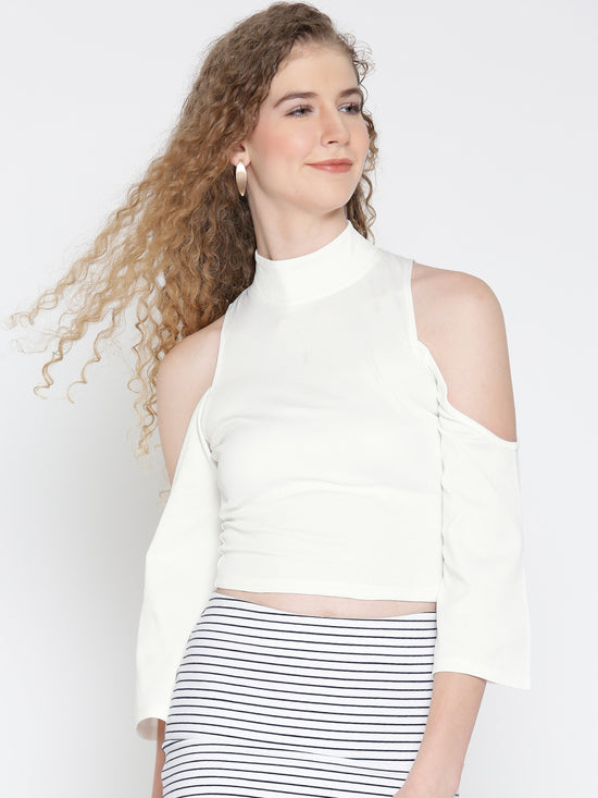 White High Neck Cold Shoulder Bell Sleeve Top