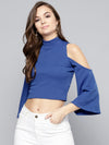 Royal Blue High Neck Cold Shoulder Bell Sleeve Top