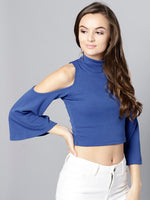 Royal Blue High Neck Cold Shoulder Bell Sleeve Top